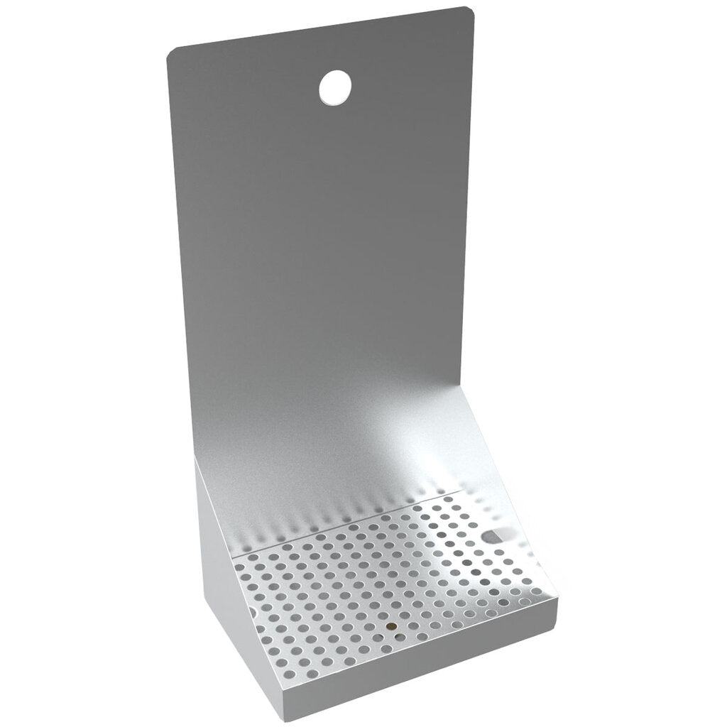 A stainless steel wall mount holder with a flat perforated base and a tall backplate featuring a single round hole for hanging. The angled base acts as a drip tray, with evenly spaced perforations arranged in a grid pattern.
