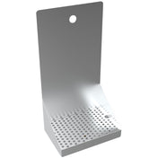 A stainless steel wall mount holder with a flat perforated base and a tall backplate featuring a single round hole for hanging. The angled base acts as a drip tray, with evenly spaced perforations arranged in a grid pattern.