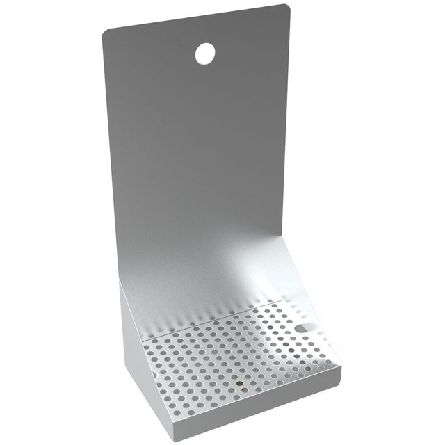 A stainless steel wall mount holder with a flat perforated base and a tall backplate featuring a single round hole for hanging. The angled base acts as a drip tray, with evenly spaced perforations arranged in a grid pattern.