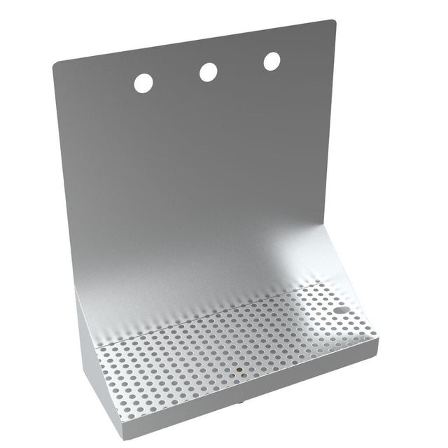 This wall mount drip tray features a solid back panel, three mounting holes, and a slanted perforated surface for collecting drips. Rectangular and silver, it’s likely made of durable stainless steel for practical use.