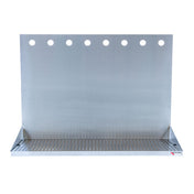 A Micro Matic USA stainless steel wall mount drain tray with a slotted surface and tall backplate featuring eight evenly spaced holes is designed for mounting on a wall, perfect for bar or beverage dispensing setups.