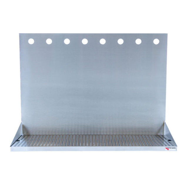 A Micro Matic USA stainless steel wall mount drain tray with a slotted surface and tall backplate featuring eight evenly spaced holes is designed for mounting on a wall, perfect for bar or beverage dispensing setups.