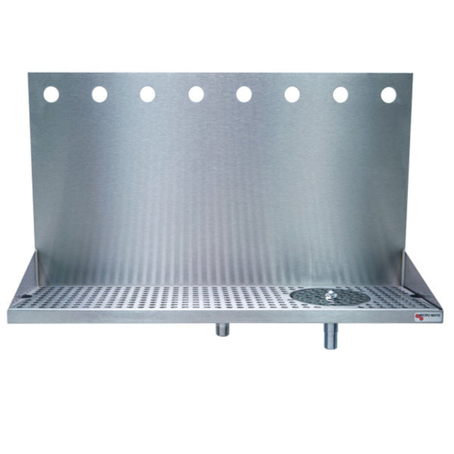 A stainless steel wall-mounted drip tray with a perforated surface, a backsplash featuring seven circular holes, and a drainage pipe underneath. The tray is designed to catch spills from beverage taps and can be paired with a glass rinser for easy cleaning.