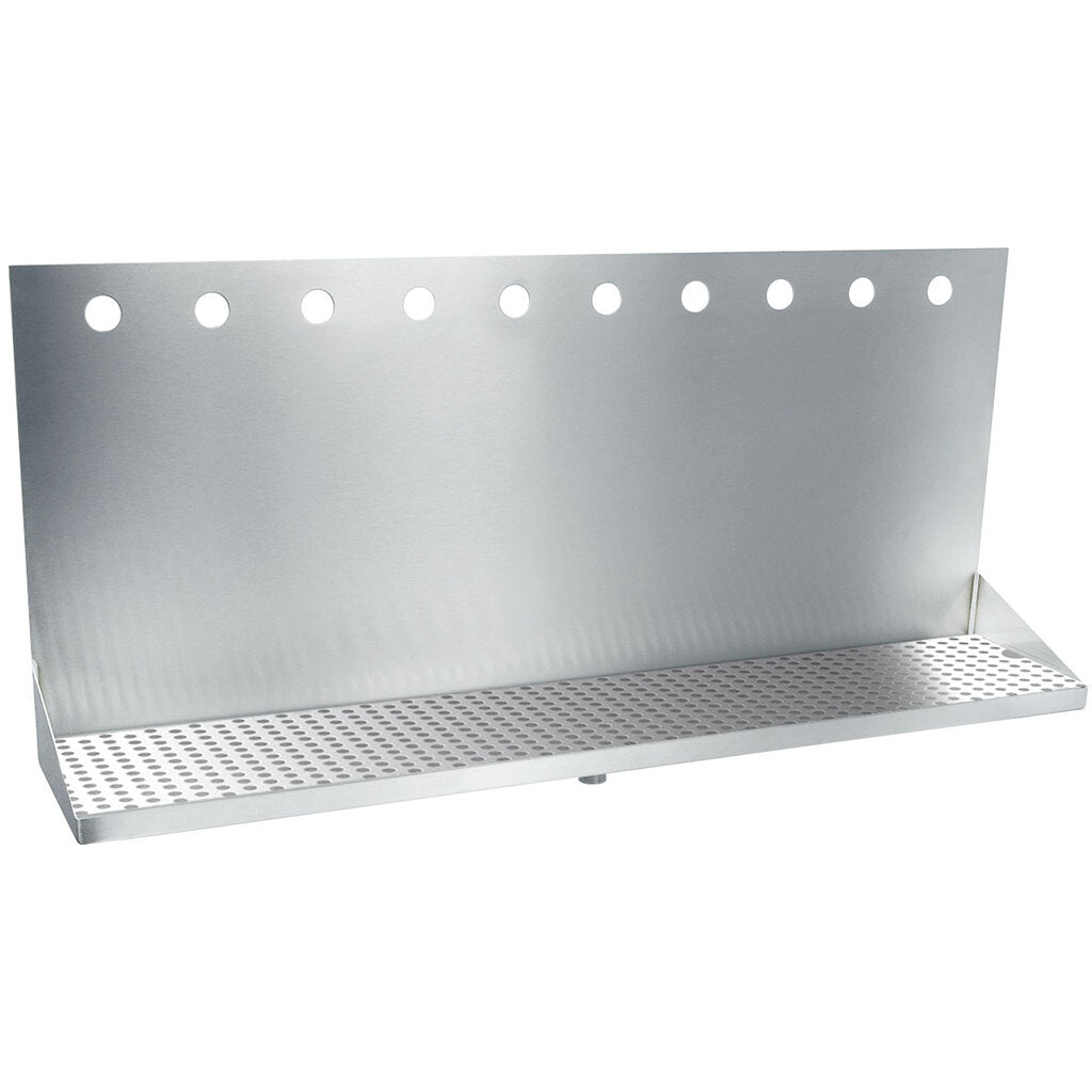 A stainless steel wall mount drain tray with a perforated bottom and a tall back plate featuring eight evenly spaced circular holes. This simple, utilitarian 36 inch drain tray is ideal for use in bars or breweries.