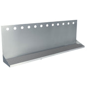 A stainless steel wall mount drain tray with a sloped base, perforated drip tray, and back panel featuring a 12 hole drain tray from Micro Matic USA—ideal as a bar glass drying rack or similar application.