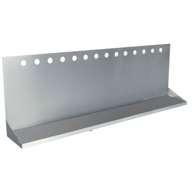 A wall mount drip tray with a flat stainless steel back plate featuring nine evenly spaced circular holes. The sloped tray below has a perforated surface for drainage, designed to catch spills from glasses or taps above.
