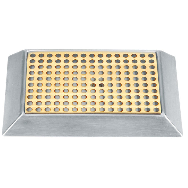 A rectangular stainless steel object with a yellow grid of circular holes sits within a silver, angled frame. Set against a white background, this industrial or kitchen tool is likely a grater or drip tray.