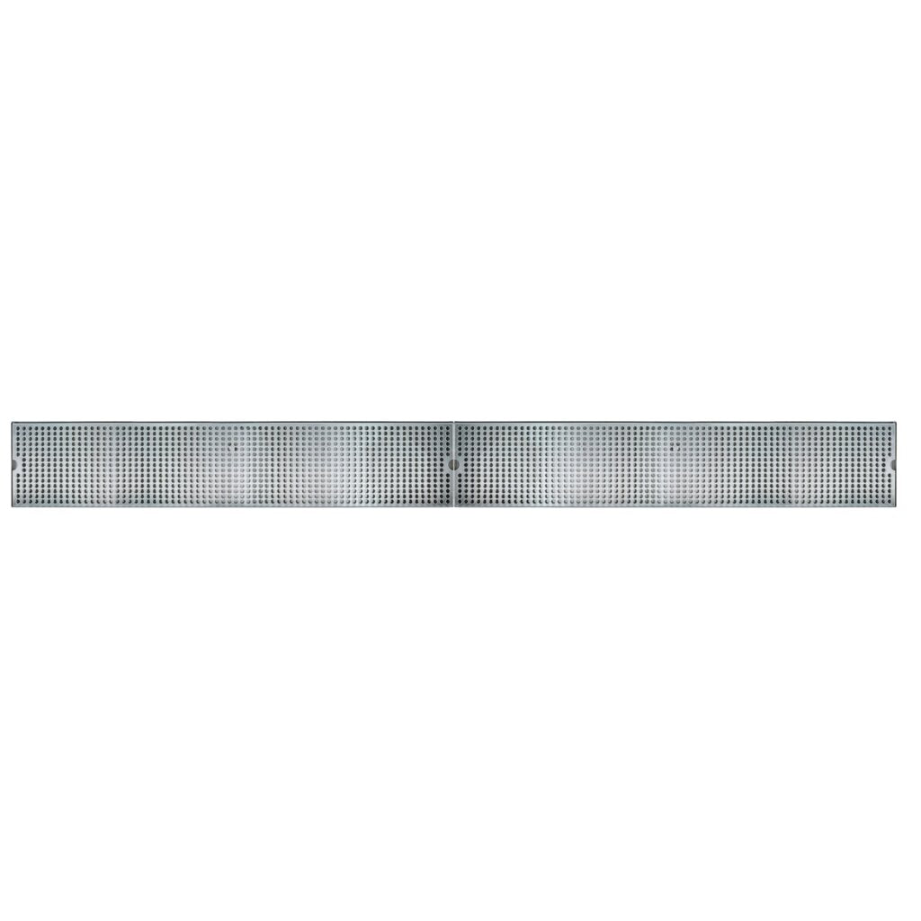 A pair of identical, rectangular stainless steel grilles with a grid of small circular holes, placed side by side on a white background. Each surface mount grille has a simple, flat design with thin borders and no visible logos or markings.
