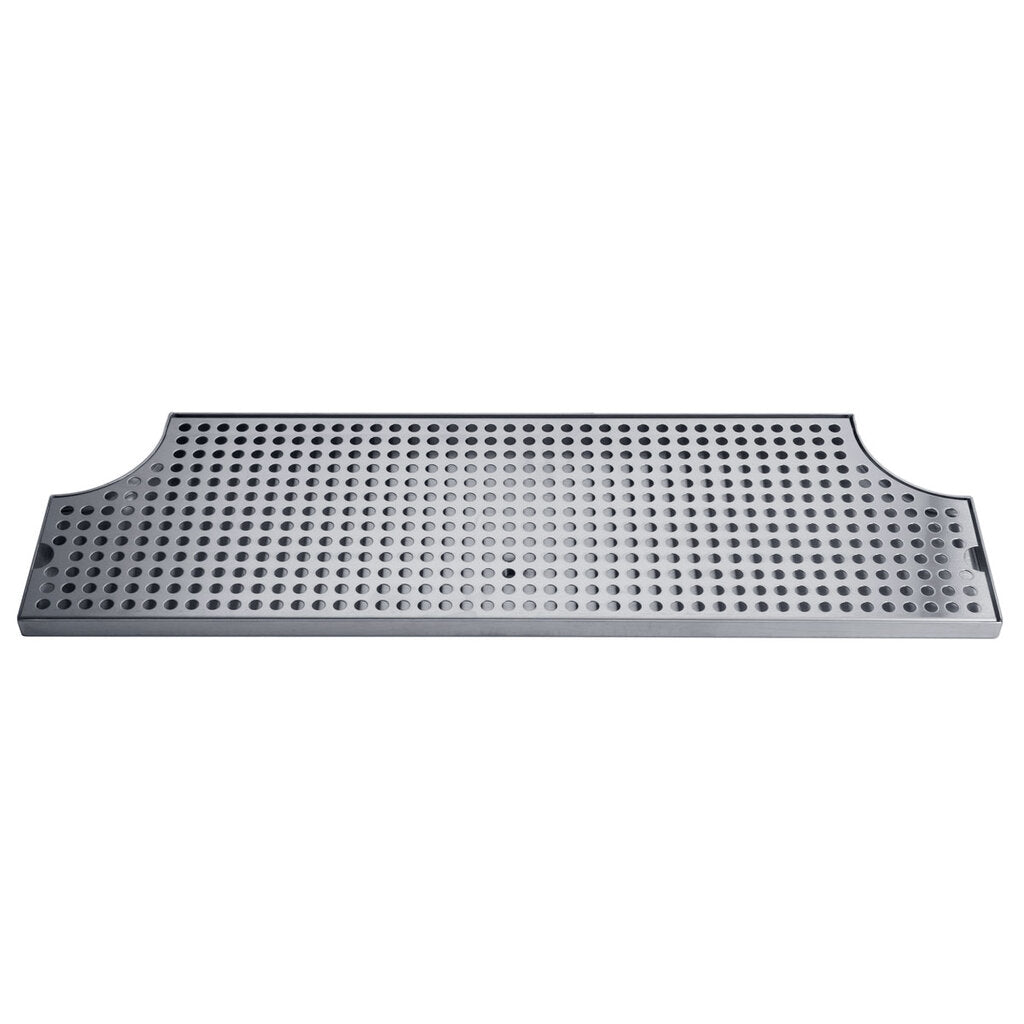A rectangular stainless steel bar mat with raised circular bumps and a smooth border features two curved cutouts on the longer sides. Ideal as a drain tray for the Metropolis "H" draft tower, its shiny, reflective finish suits any surface mount installation.