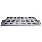A rectangular stainless steel bar mat with raised circular bumps and a smooth border features two curved cutouts on the longer sides. Ideal as a drain tray for the Metropolis "H" draft tower, its shiny, reflective finish suits any surface mount installation.
