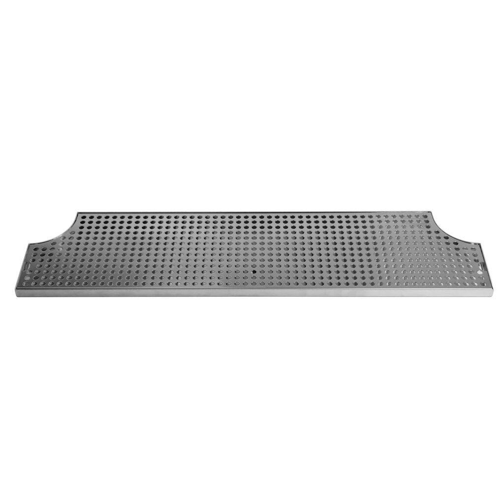A rectangular stainless steel surface mount drip tray with raised edges and rounded notches on each end; the surface features a grid of circular holes for drainage. Perfect for bars or kitchens to collect liquid spills.