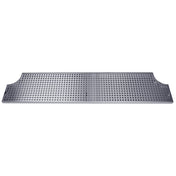A rectangular stainless steel drip tray with rounded cutouts on each short side. The surface is covered with evenly spaced circular holes, giving it a perforated appearance. The grate is viewed from above against a plain white background.