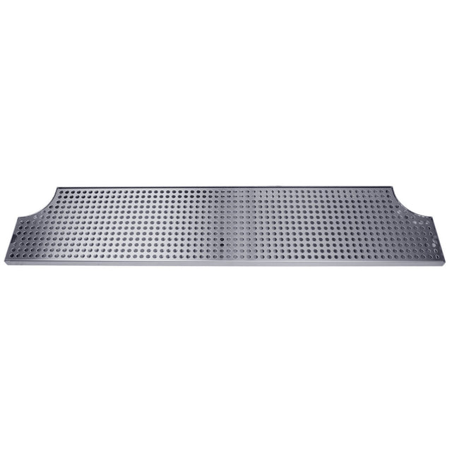 A rectangular stainless steel drip tray with rounded cutouts on each short side. The surface is covered with evenly spaced circular holes, giving it a perforated appearance. The grate is viewed from above against a plain white background.