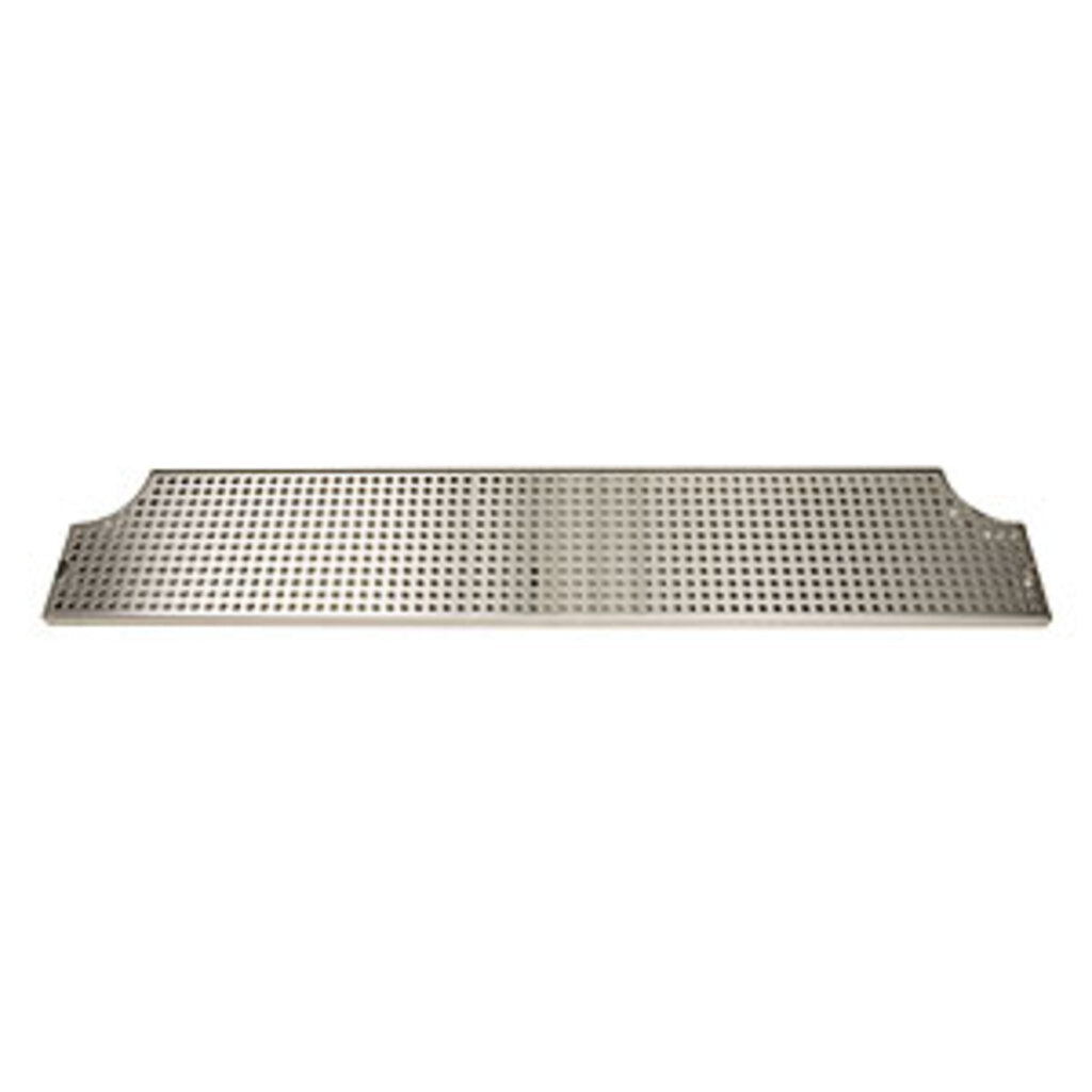 A rectangular stainless steel drip tray mat with rounded cutouts on each side. The surface has a grid of evenly spaced holes for drainage, making it ideal as a surface mount drip tray in any bar or kitchen setting.
