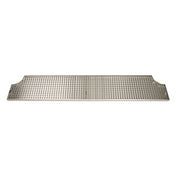 A rectangular stainless steel drip tray mat with rounded cutouts on each side. The surface has a grid of evenly spaced holes for drainage, making it ideal as a surface mount drip tray in any bar or kitchen setting.