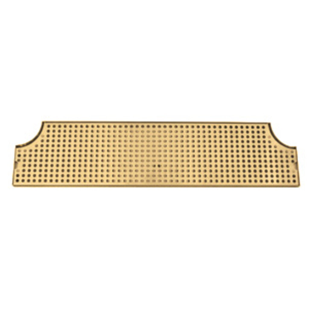 A rectangular, gold-colored bar mat with a PVD brass screen and stainless steel construction features rounded cut-out sections, a grid of circular holes, and a flat, smooth finish for a modern design.