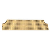 A rectangular, gold-colored bar mat with a PVD brass screen and stainless steel construction features rounded cut-out sections, a grid of circular holes, and a flat, smooth finish for a modern design.
