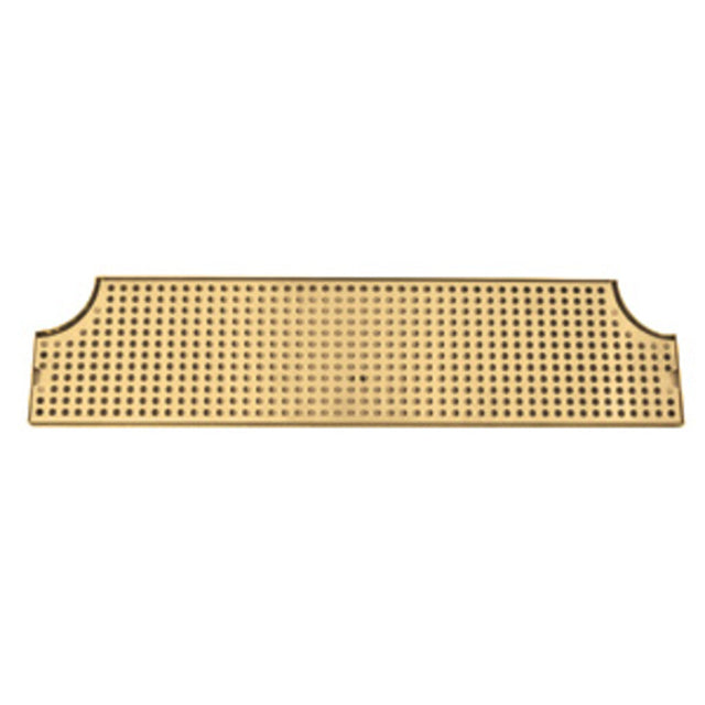 A rectangular, gold-colored bar mat with a PVD brass screen and stainless steel construction features rounded cut-out sections, a grid of circular holes, and a flat, smooth finish for a modern design.