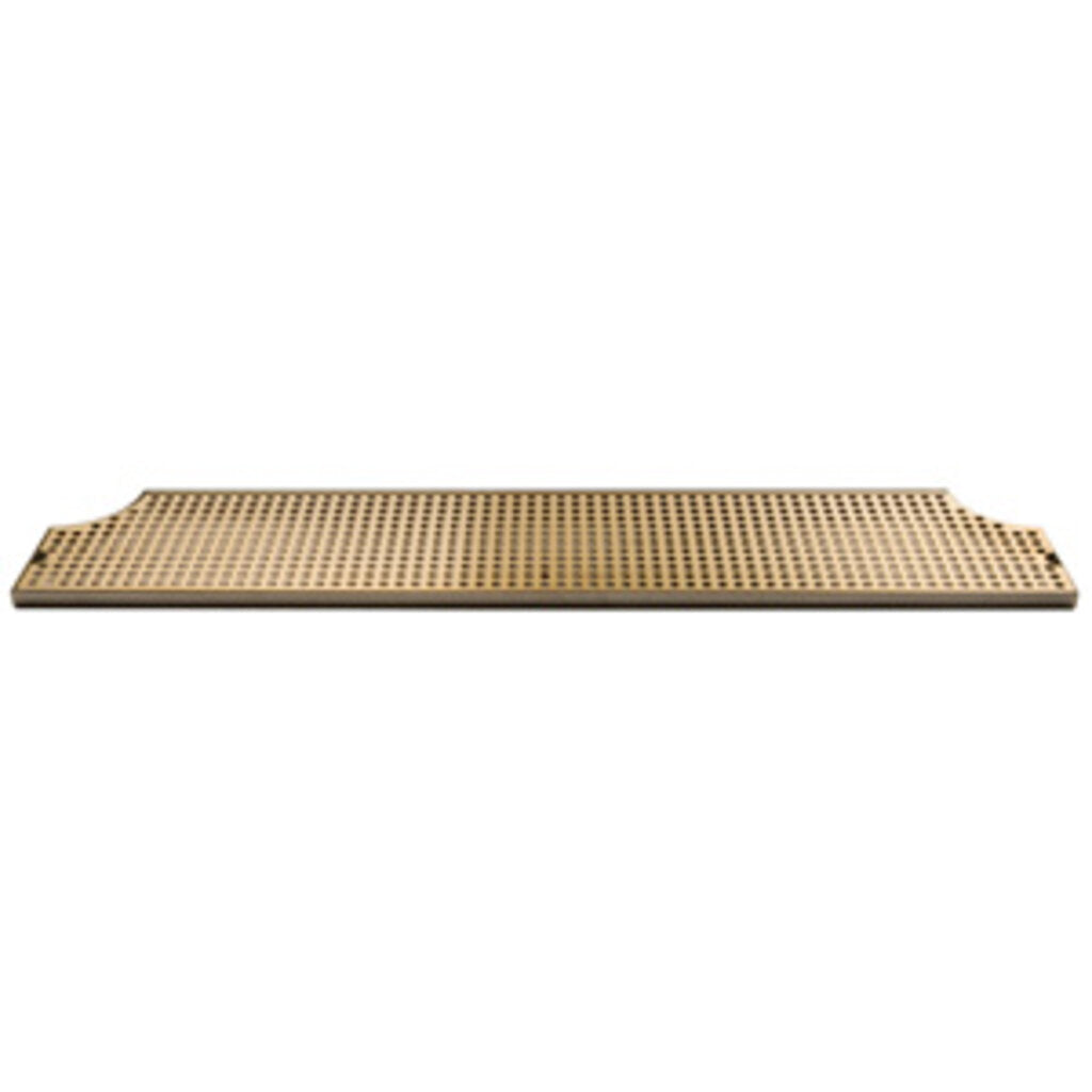A rectangular, flat, beige cane webbing panel with a grid of evenly spaced holes resembles a drip tray trough. The panel has straight edges and two small, rounded indentations on the shorter sides. The background is plain white.