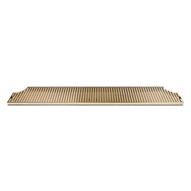 A rectangular, gold-colored stainless steel bar mat with a raised perforated surface and slightly indented ends. Designed as a drip tray for bar counters to catch spills and hold drinks or bar tools. The background is plain white.