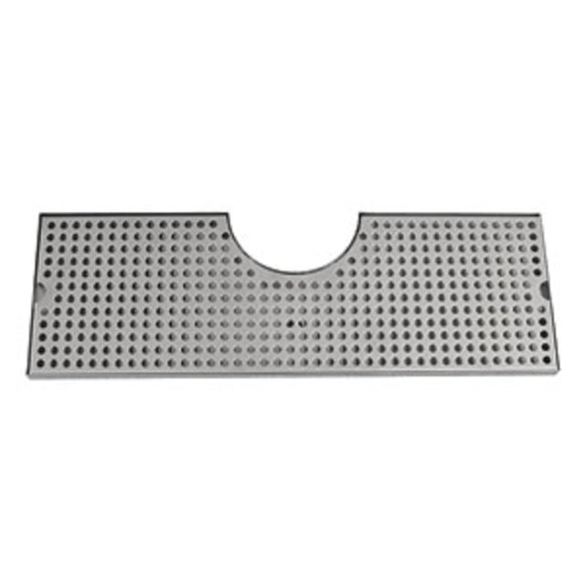 A rectangular stainless steel drip tray bar mat with rounded corners, featuring evenly spaced drainage holes and a semi-circular cutout along one long edge, designed for surface mount placement around bar sinks or counters.