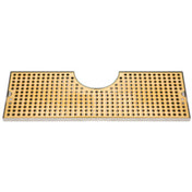 A rectangular gold-colored surface mount drip tray bar mat with a grid of raised dots, a semicircular notch in the center of one long edge, and a white border along the sides. The textured surface provides extra grip.