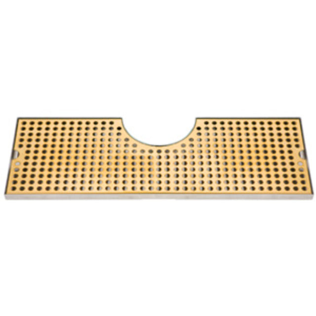 A rectangular gold-colored surface mount drip tray bar mat with a grid of raised dots, a semicircular notch in the center of one long edge, and a white border along the sides. The textured surface provides extra grip.