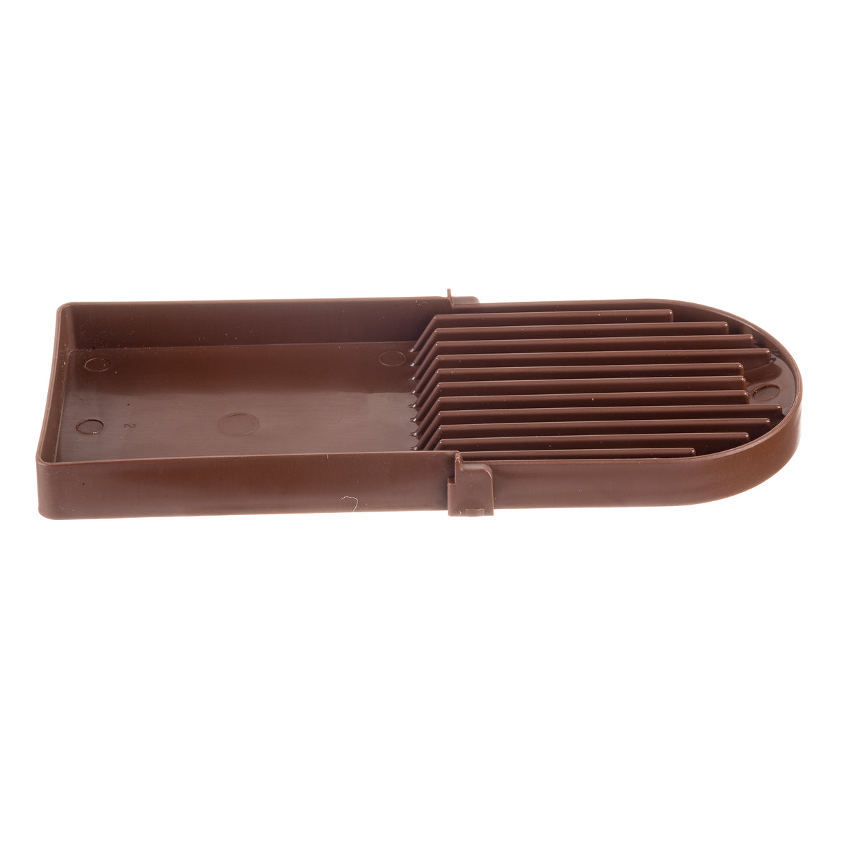 A brown rectangular plastic slicing guide with parallel vertical slots and a flat base, used to hold items steady for even slicing. Features a rounded end, simple utilitarian design, and is dishwasher safe for easy cleaning.