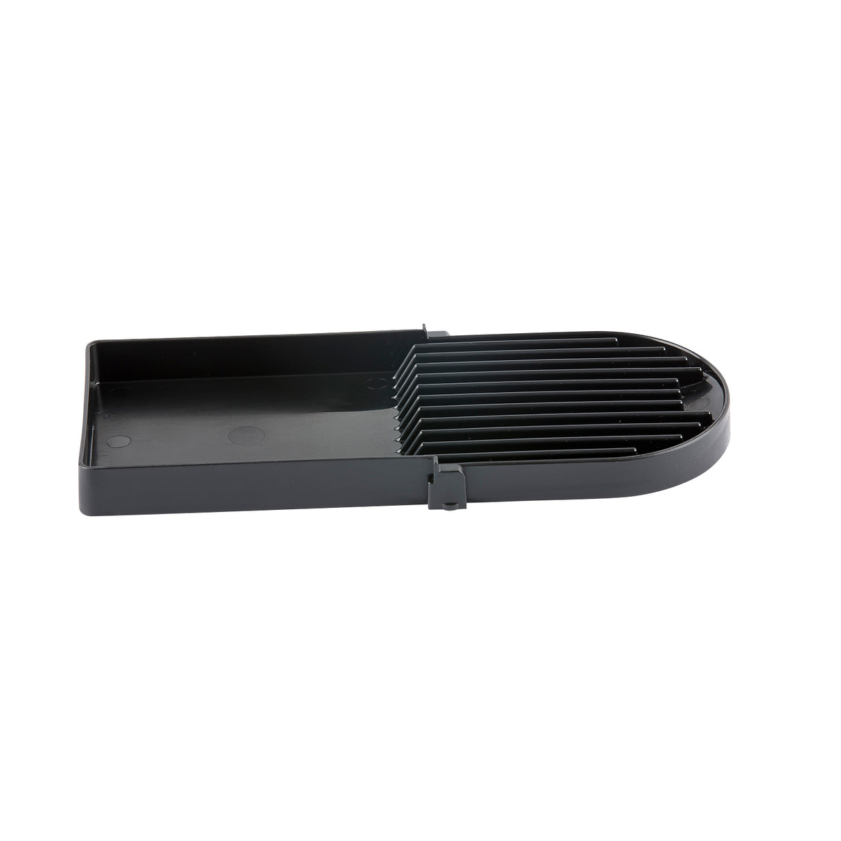A black plastic slicer tray with a flat base and raised, evenly spaced slots on one side, used for holding and slicing food items like tomatoes or eggs. The dishwasher safe design allows for consistent slices and easy handling.