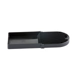 A black plastic slicer tray with a flat base and raised, evenly spaced slots on one side, used for holding and slicing food items like tomatoes or eggs. The dishwasher safe design allows for consistent slices and easy handling.