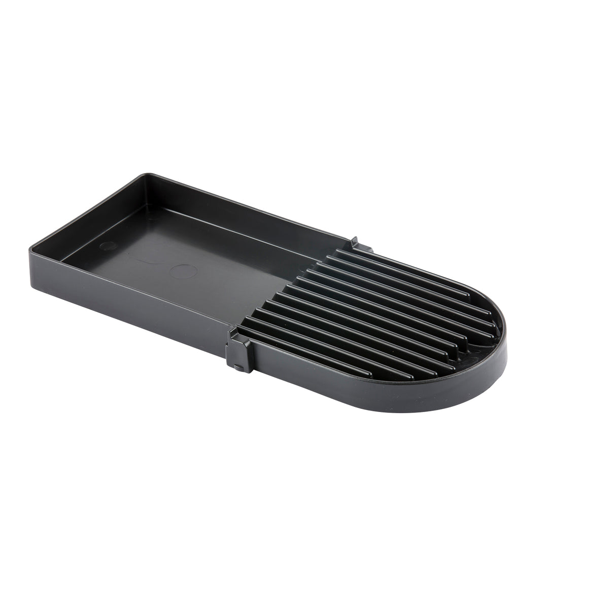 A black rectangular plastic slicer with parallel raised grooves and a half-rounded end. The left section is flat with raised edges, while the right has vertical slots for guiding slicing. This dishwasher safe tool is ideal for foods like eggs or mushrooms.