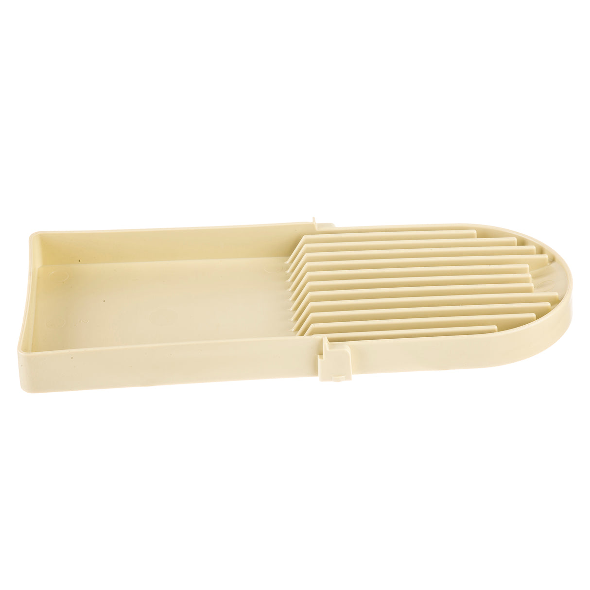 A beige, rectangular plastic kitchen tool with parallel slots and a curved end, designed for evenly slicing foods like tomatoes or onions. Dishwasher safe for easy cleaning, the slots guide your knife to ensure uniform slices every time.