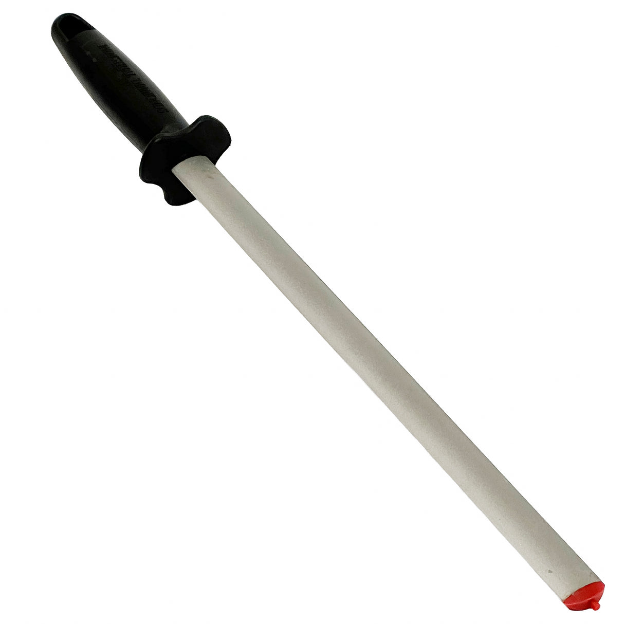 A 12 inch ceramic sharpening rod with a long white cylindrical rod and an ergonomic black handle featuring a hand guard. The tip has a small red cap, and the rod is angled diagonally on a white background. Dishwasher safe for easy cleaning.