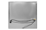 The image shows the back of a stainless steel refrigerator, with a smooth silver surface. Two electrical cords extend across the lower section, and a warning label with a yellow triangle and “CAUTION” text is visible on the right side.