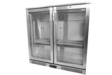 A commercial glass door cooler with stainless steel construction, two vertical handles, wire shelves, and a visible cooling fan inside. This Refrigerated Back Bar Cooler has a vented base and a digital display at the bottom center. The interior is empty.