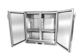 A stainless steel bar cooler with both doors open reveals empty shelves and an interior fan. The inside is clean and spacious, with metal racks and a digital control panel at the bottom. This Refrigerated Back Bar Cooler stands on adjustable feet against a white background.