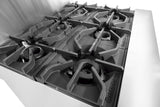 Close-up view of a stainless steel restaurant range with six black cast iron gas burners in two rows. The word “CONVETION” is embossed on the burners. The high-contrast black and white photo highlights this commercial kitchen centerpiece.