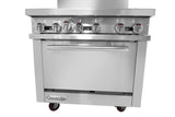 A commercial stainless steel restaurant range with six control knobs above a large oven door. Featuring sturdy construction, a horizontal handle, Bake-n-Roast oven options, and red-accented knobs. The “Connerton” brand appears near the bottom.