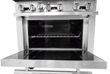 A stainless steel Bake-n-Roast oven with the door open, showing two wire racks inside. The oven has six control knobs above the open door, reflecting its restaurant range design and clean, shiny metallic finish.