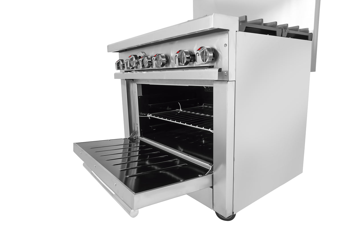 A stainless steel restaurant range with gas burners and five control knobs is shown at an angle. The oven door is open, revealing two interior racks. The appliance has a sleek, modern design with clean, reflective surfaces.