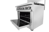 A stainless steel restaurant range with gas burners and five control knobs is shown at an angle. The oven door is open, revealing two interior racks. The appliance has a sleek, modern design with clean, reflective surfaces.