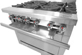 A close-up of a commercial stainless steel restaurant range with six gas burner knobs, each marked by a red flame icon, and heavy-duty cast iron grates. The Bake-n-Roast oven compartment is located just below the burners.