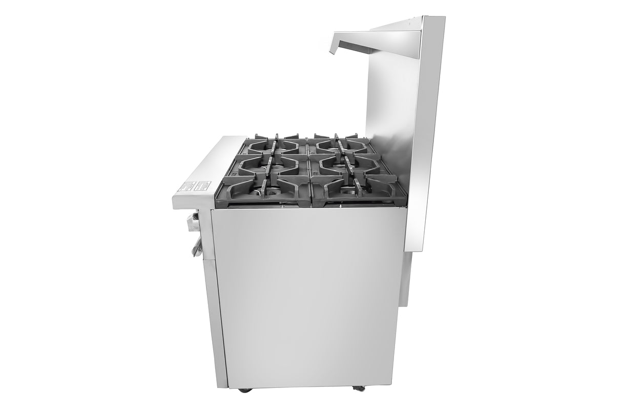A stainless steel restaurant range with six gas burners and a Bake-n-Roast oven, viewed from the left side. The appliance has a high backsplash, visible control knobs, and sturdy construction for heavy-duty kitchen use on a plain white background.