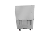 A large, upright metallic rectangular cabinet, similar to a restaurant range, with a plain white panel and mounted on small red caster wheels is shown on a white background. The cabinet has a lock on the right side and visible screws on the panel.