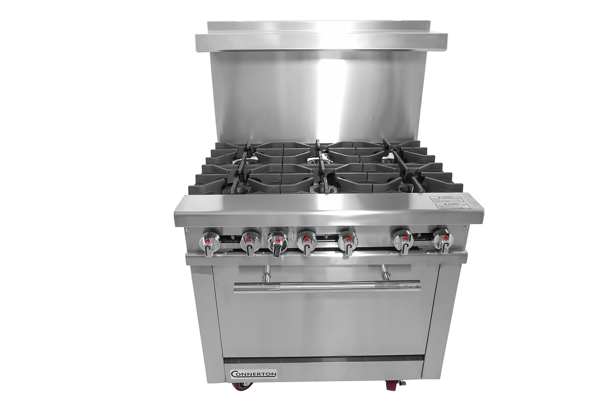 Front view of a large commercial stainless steel restaurant range with six gas burners, eight control knobs, an oven below, and a high backsplash. The brand label Convection is visible at the bottom front of the Bake-n-Roast oven unit.