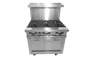 Front view of a large commercial stainless steel restaurant range with six gas burners, eight control knobs, an oven below, and a high backsplash. The brand label Convection is visible at the bottom front of the Bake-n-Roast oven unit.