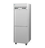 A tall, sleek Hoshizaki Steelheart reach-in refrigerator with two vertical doors, digital control panels above each door, ventilation grilles at the top, and small wheels for mobility—ideal for professional kitchen use.