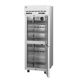 A commercial Hoshizaki Steelheart reach-in refrigerator with two glass doors, both open to reveal adjustable wire shelves inside. The top section features a fan for airflow. The unit stands on small wheels and has a control panel at the top.
