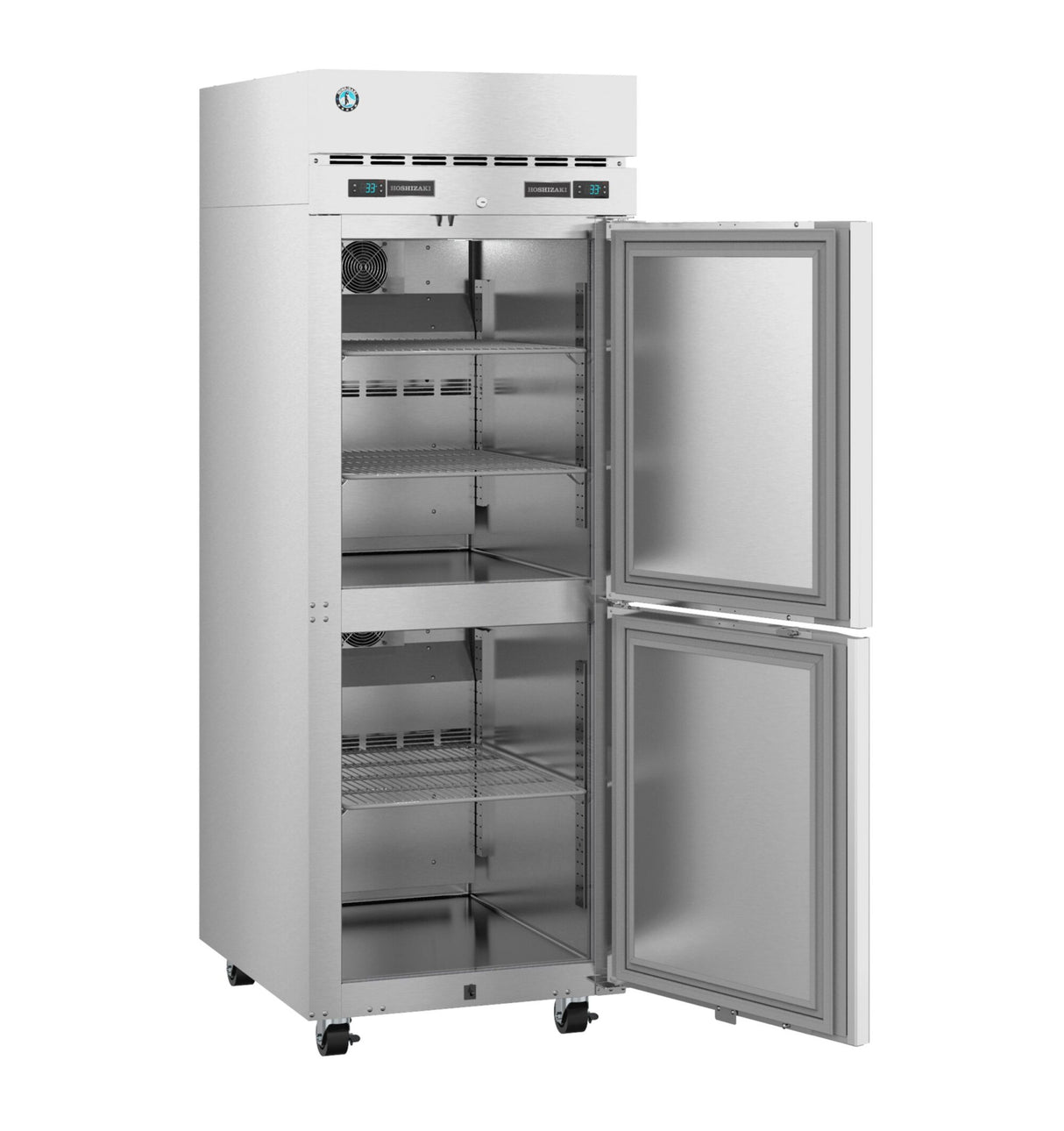 A Hoshizaki Steelheart reach-in refrigerator with two vertically stacked doors, the top door open showing empty wire shelves inside. The unit features ventilation grilles, digital control panels, and wheels for mobility.