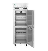 A Hoshizaki Steelheart dual temp refrigerator freezer featuring two vertically stacked compartments, empty wire shelves, and a top control panel with ventilation. This reach-in refrigerator stands on small black wheels for easy mobility.